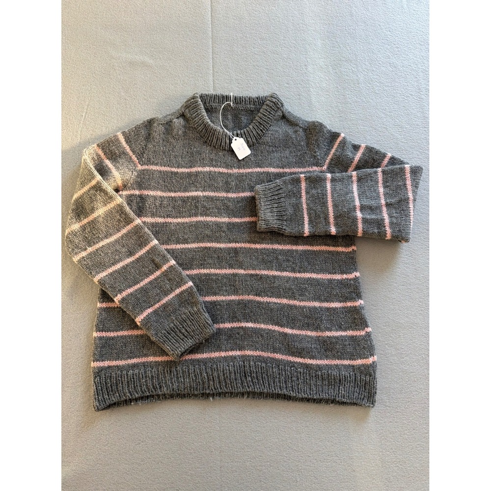 Handmade Wool Sweater Womens Medium Grey Pink Striped Hand Knit Crew Neck